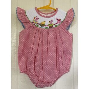 Angeline Kids Pink Polka Dot Smocked Easter Bunny Chick Bubble Romper 6-9M NEW